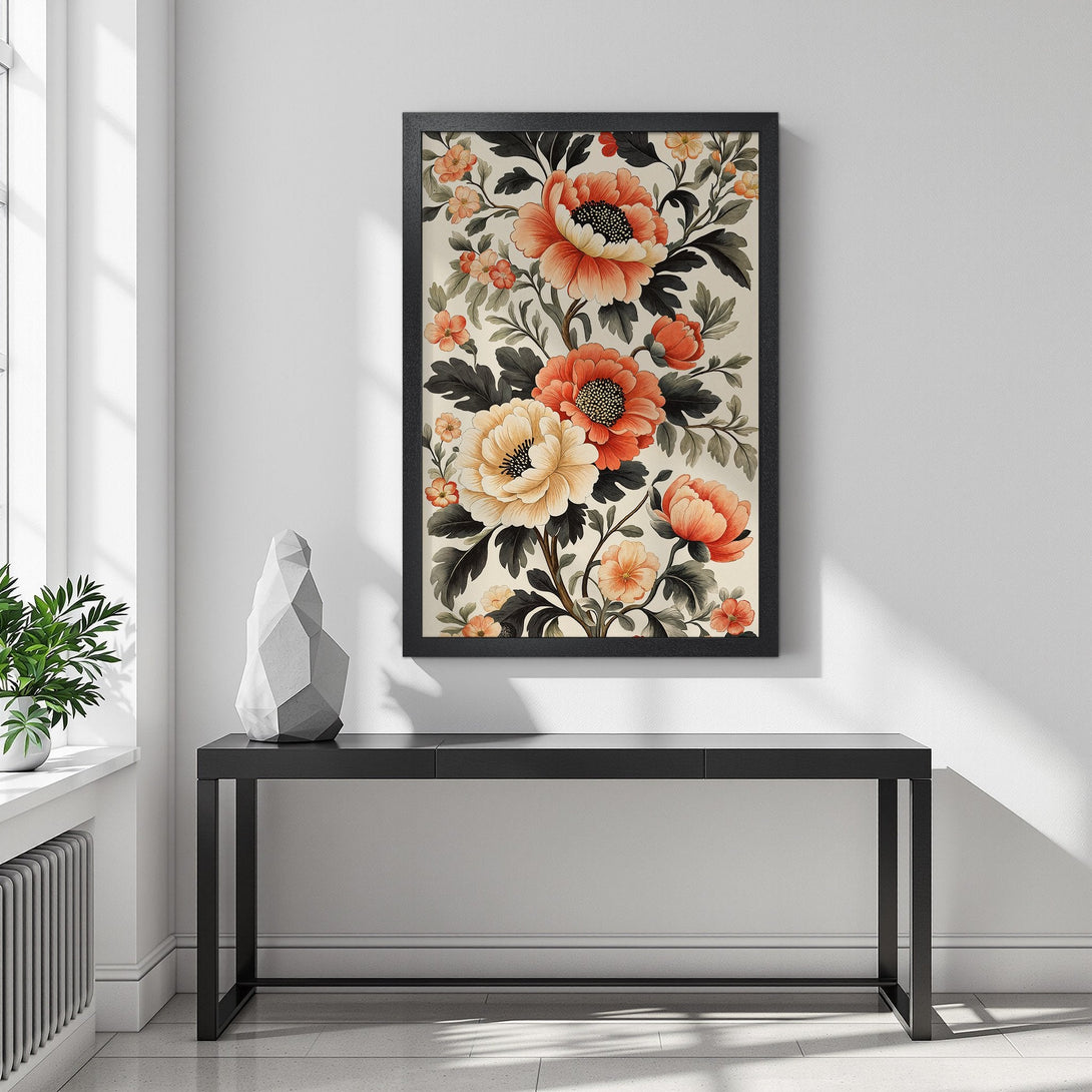 Framed Poster featuring floral art in orange, cream, and black. Perfect wall decor for a stylish home.