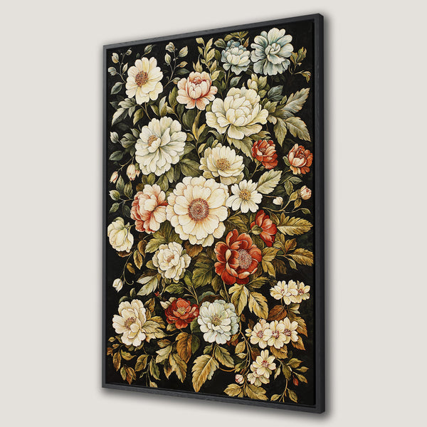 Framed Wall Art: Elegant floral Canvas Print with cream, red, and green blooms on a black background, perfect for adding a touch of vintage charm.