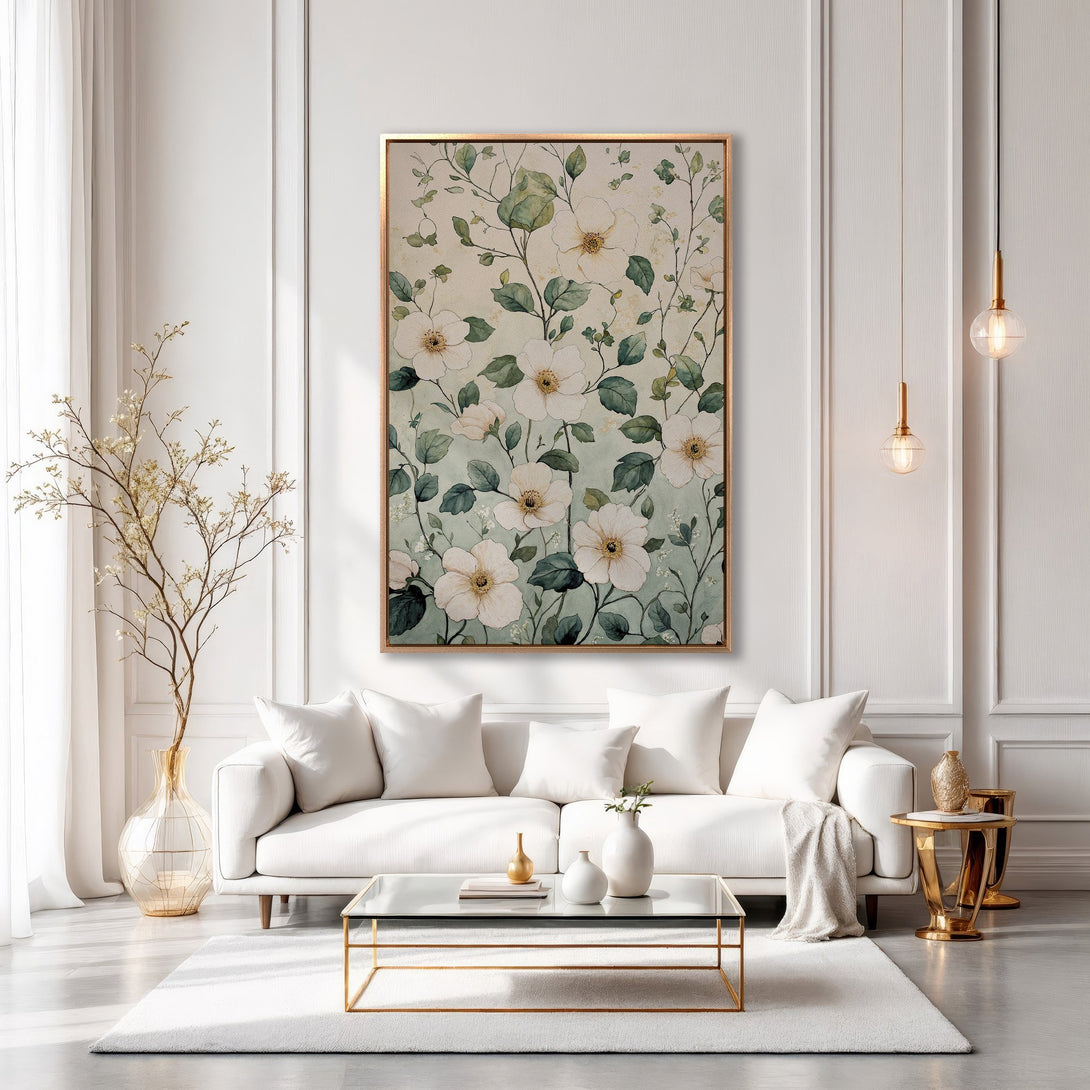 Framed Wall Art featuring a floral watercolor design in a soft, elegant style with white, green, and gold tones. Perfect for modern home decor.
