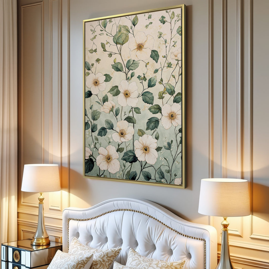 Canvas Print of floral artwork in a modern interior. Features watercolor-style white flowers, green leaves, and a soft, neutral color palette.
