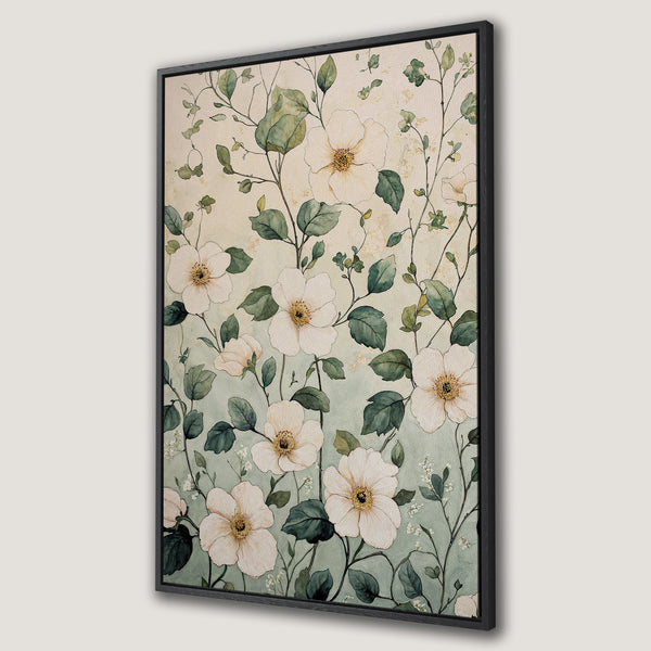 Framed Wall Art featuring watercolor floral design with white flowers and green leaves on a soft blue-green background. Perfect for adding a touch of nature.