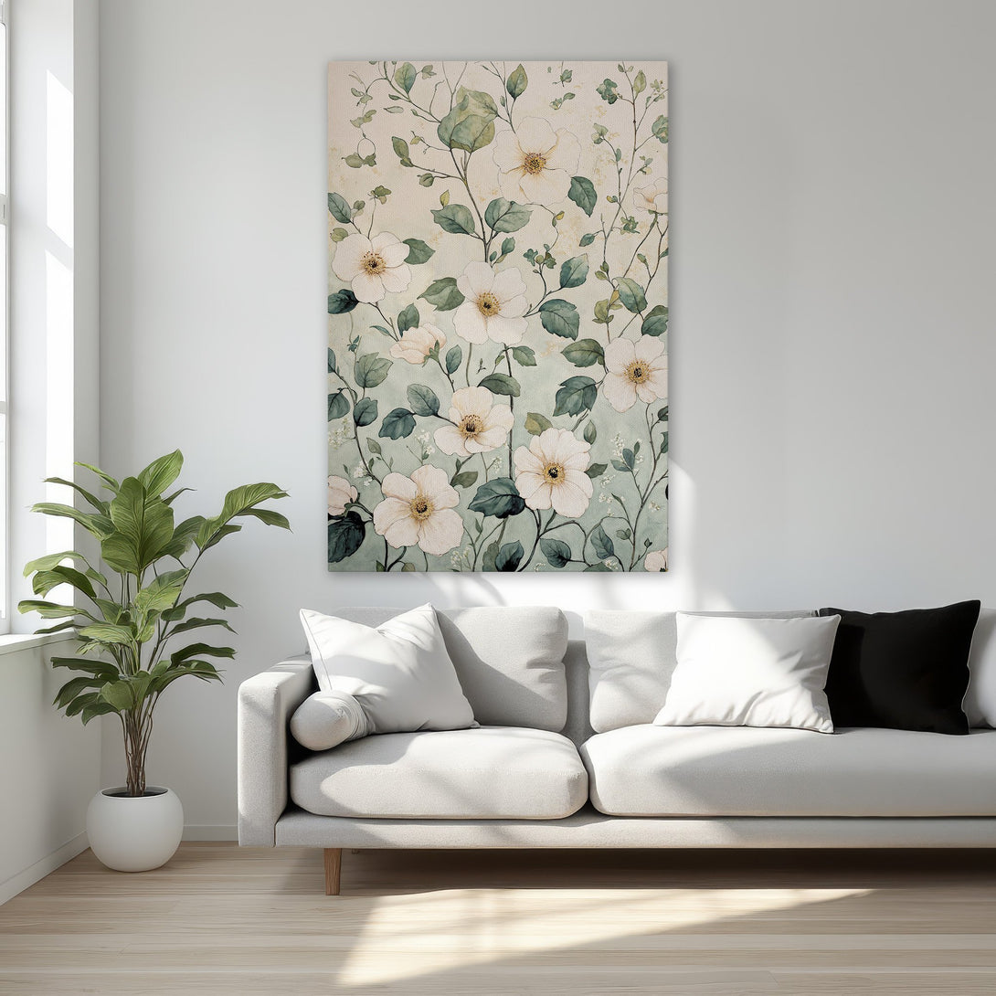 Framed Wall Art featuring a floral watercolor design with white flowers and sage green leaves. Elegant decor in a bedroom with a neutral color palette.