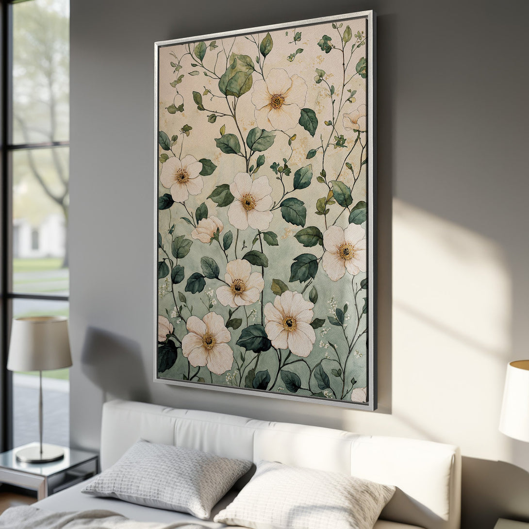 Framed Wall Art featuring a floral watercolor design in a soft green and cream palette. Perfect for adding a touch of elegance to any space.