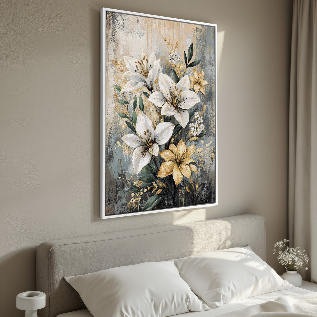 Framed Wall Art featuring elegant white and gold floral art. Modern style with a neutral color palette, perfect for bedroom decor.