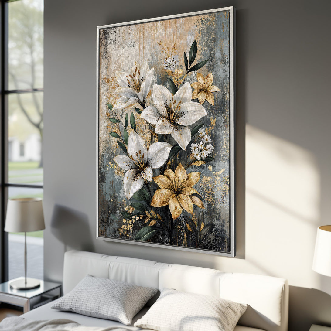 Framed Wall Art featuring elegant white and gold floral artwork on a textured, muted blue and beige background. Perfect for adding a touch of luxury to any space.