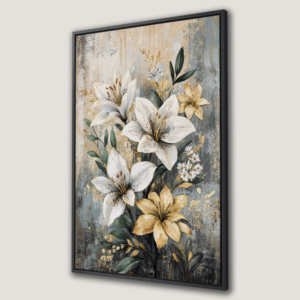 Framed Wall Art featuring elegant white and gold floral design on a textured, abstract background. Perfect for adding a touch of sophistication to your home decor.