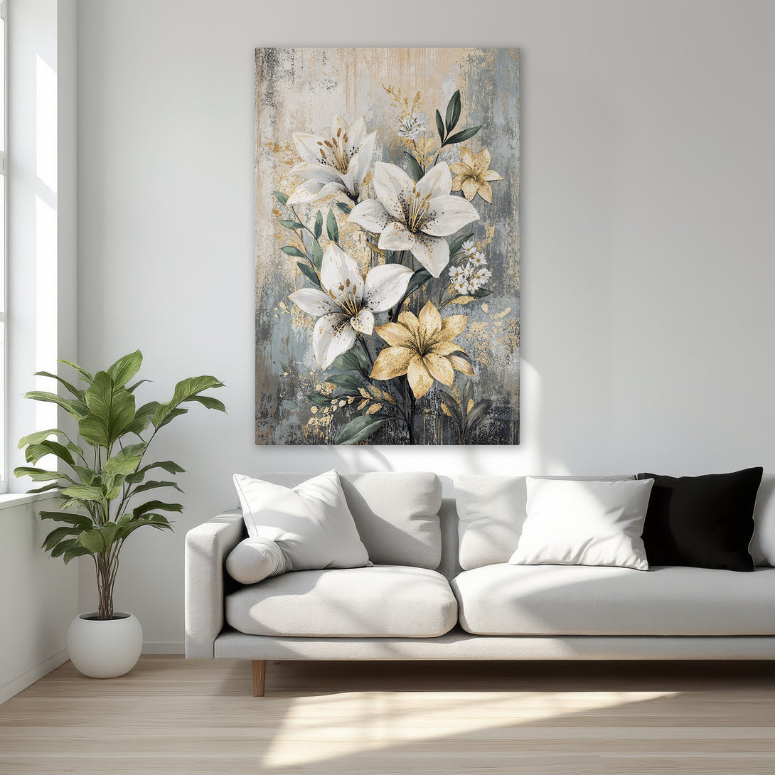Framed Wall Art featuring elegant white and gold floral design. Adds a touch of luxury to any room. Modern, sophisticated decor with a neutral color palette.