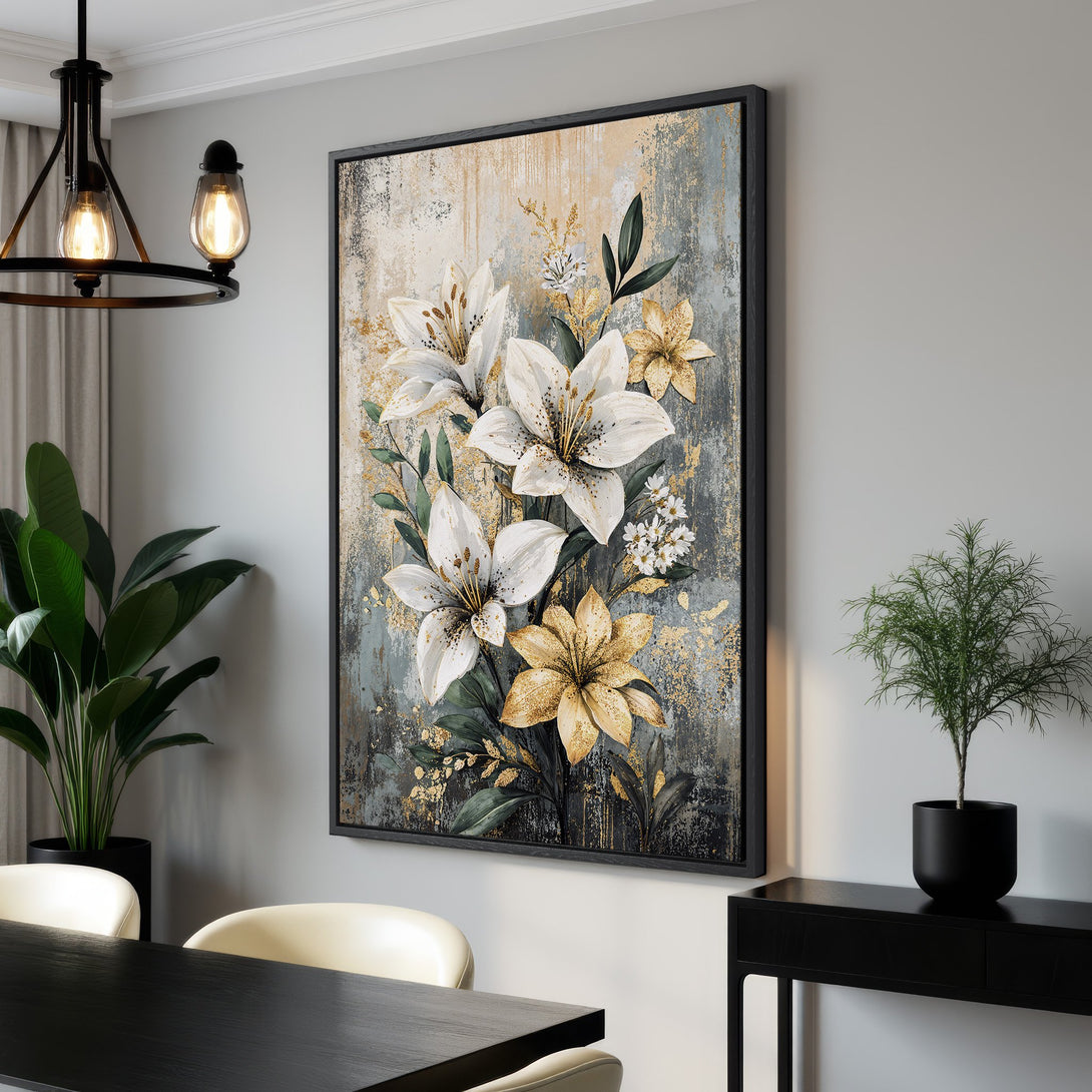 Framed Wall Art featuring elegant white and gold floral design. Modern canvas print with a neutral, sophisticated color palette. Perfect for home decor.