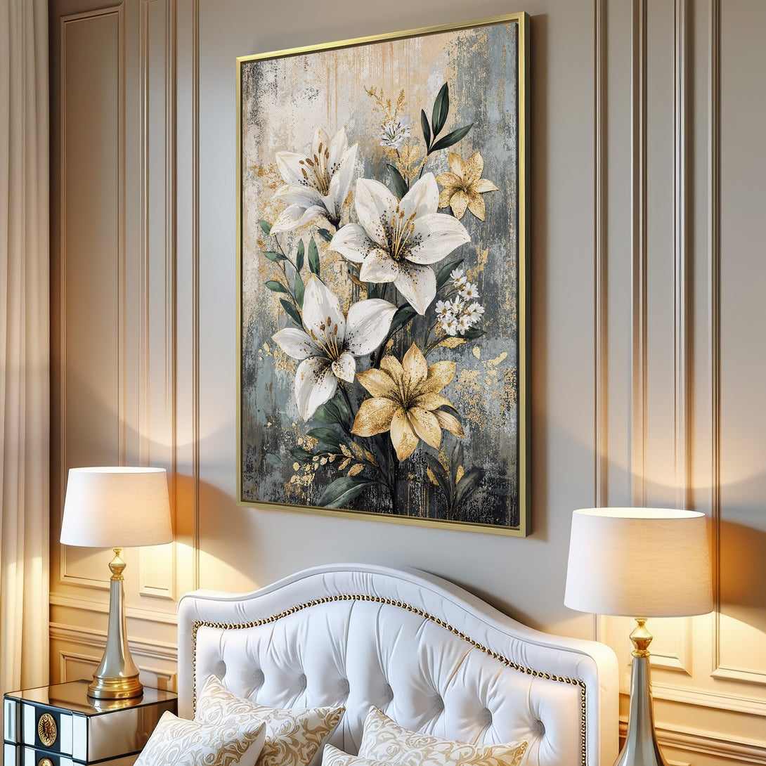 Canvas Print of elegant white and gold floral art, perfect for adding a touch of sophistication to any interior space.