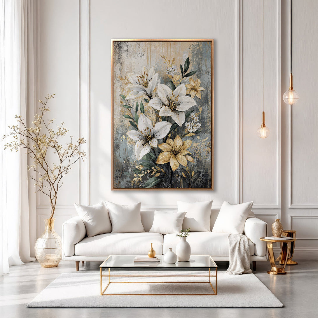 Framed Wall Art featuring elegant white and gold floral art. A beautiful canvas print in a neutral color palette, perfect for modern home decor.