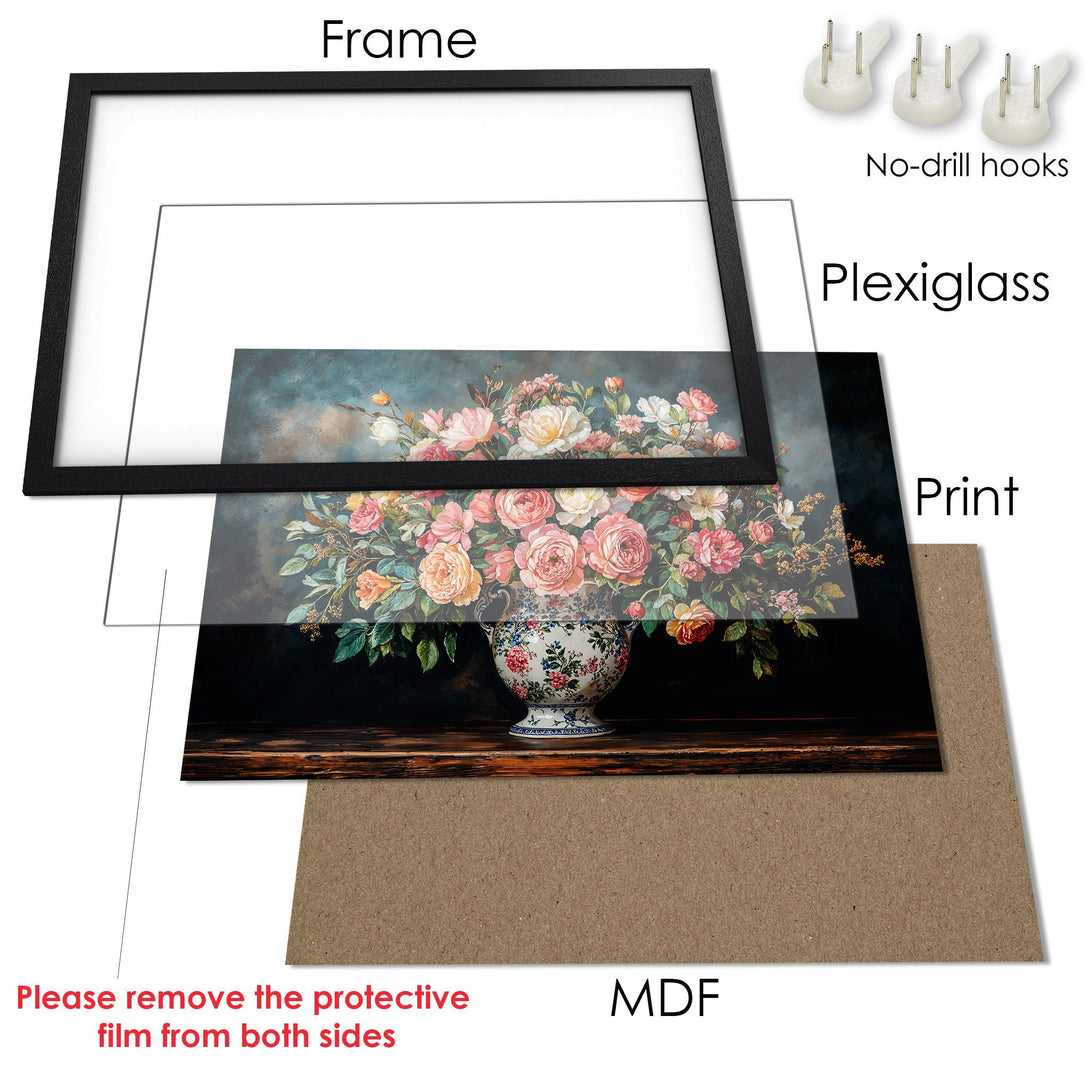 Framed Poster art featuring a floral still life in a vintage style with a soft, warm color palette. Perfect wall decor!