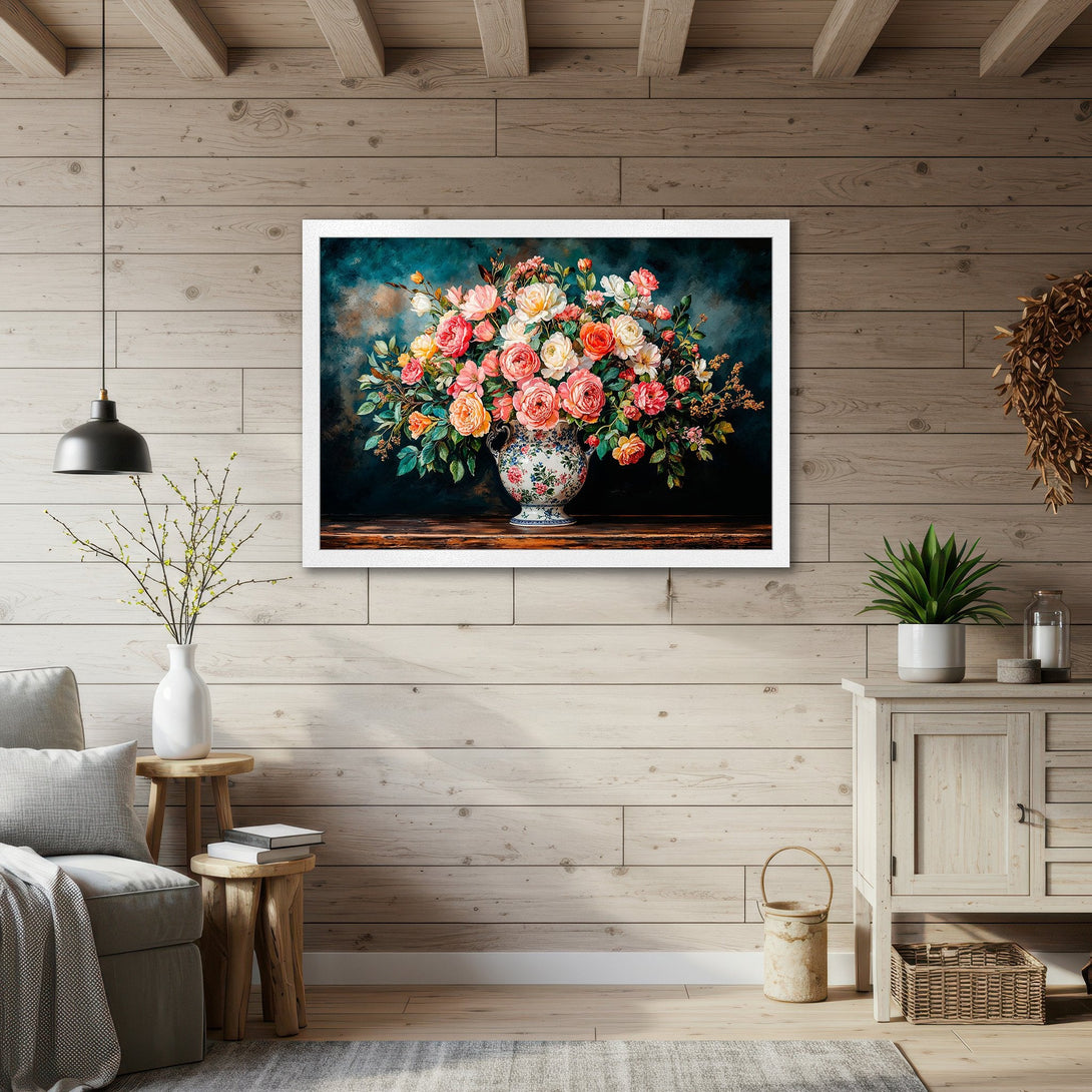 Framed Poster of floral still life in a vintage style with a warm color palette, perfect for home decor.