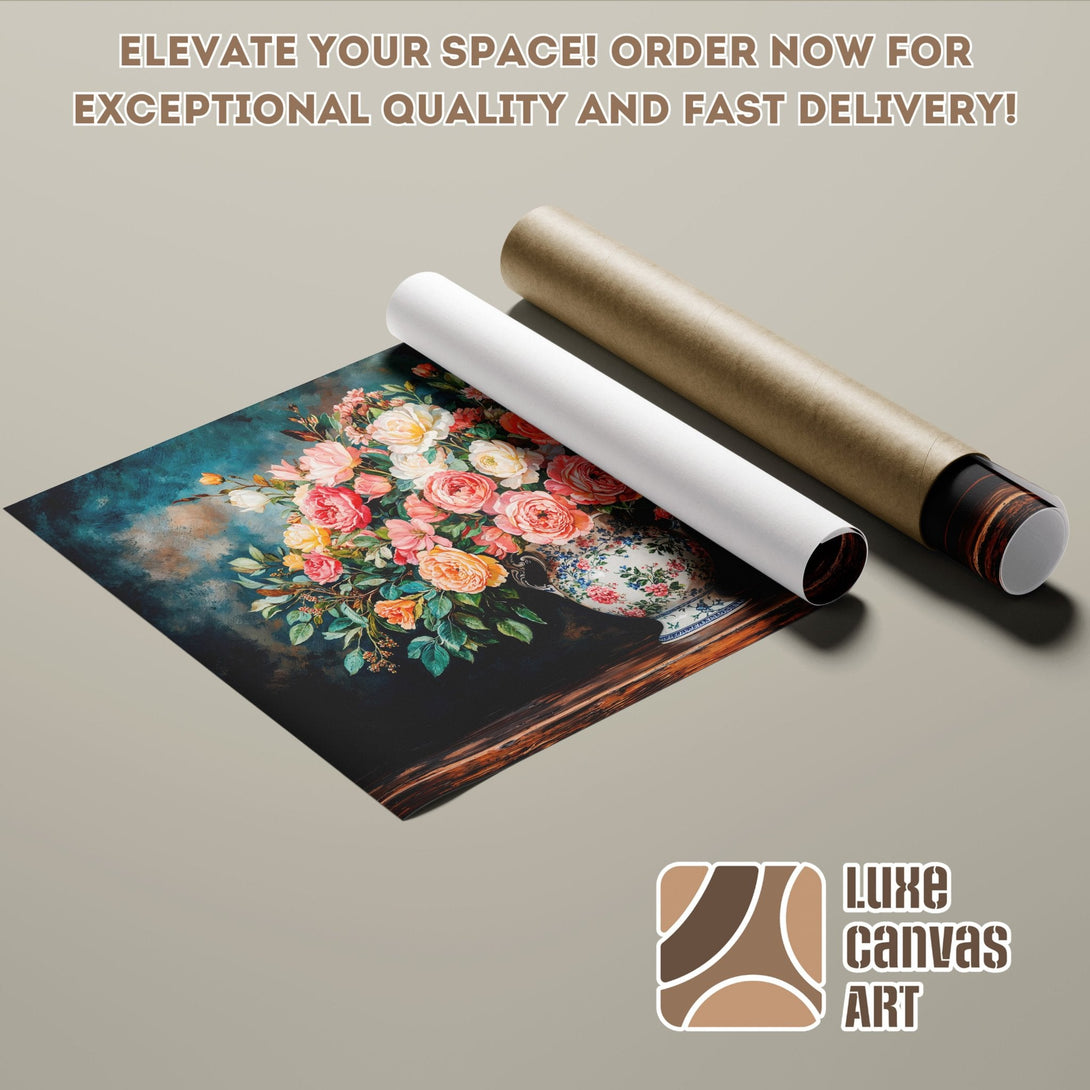 Poster Roll featuring a floral still life in a dark teal and warm color palette. Order your art today!