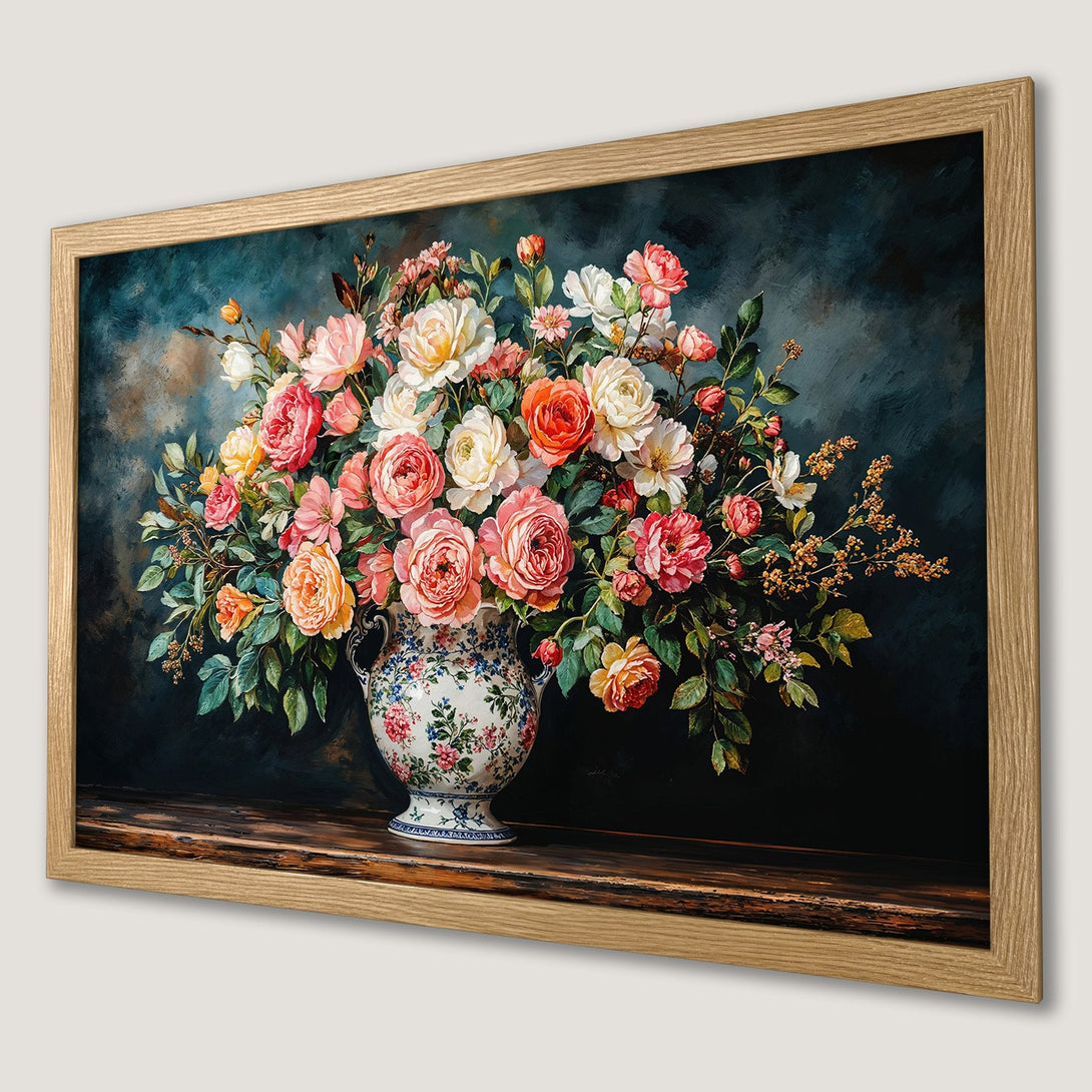 Framed Poster featuring a floral still life in a classic style with a warm, rich color palette.