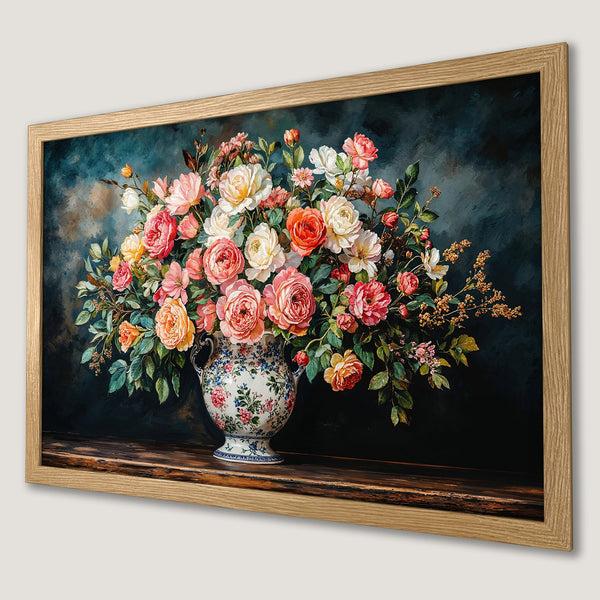 Framed Poster featuring a floral still life in a classic style with a warm, rich color palette.