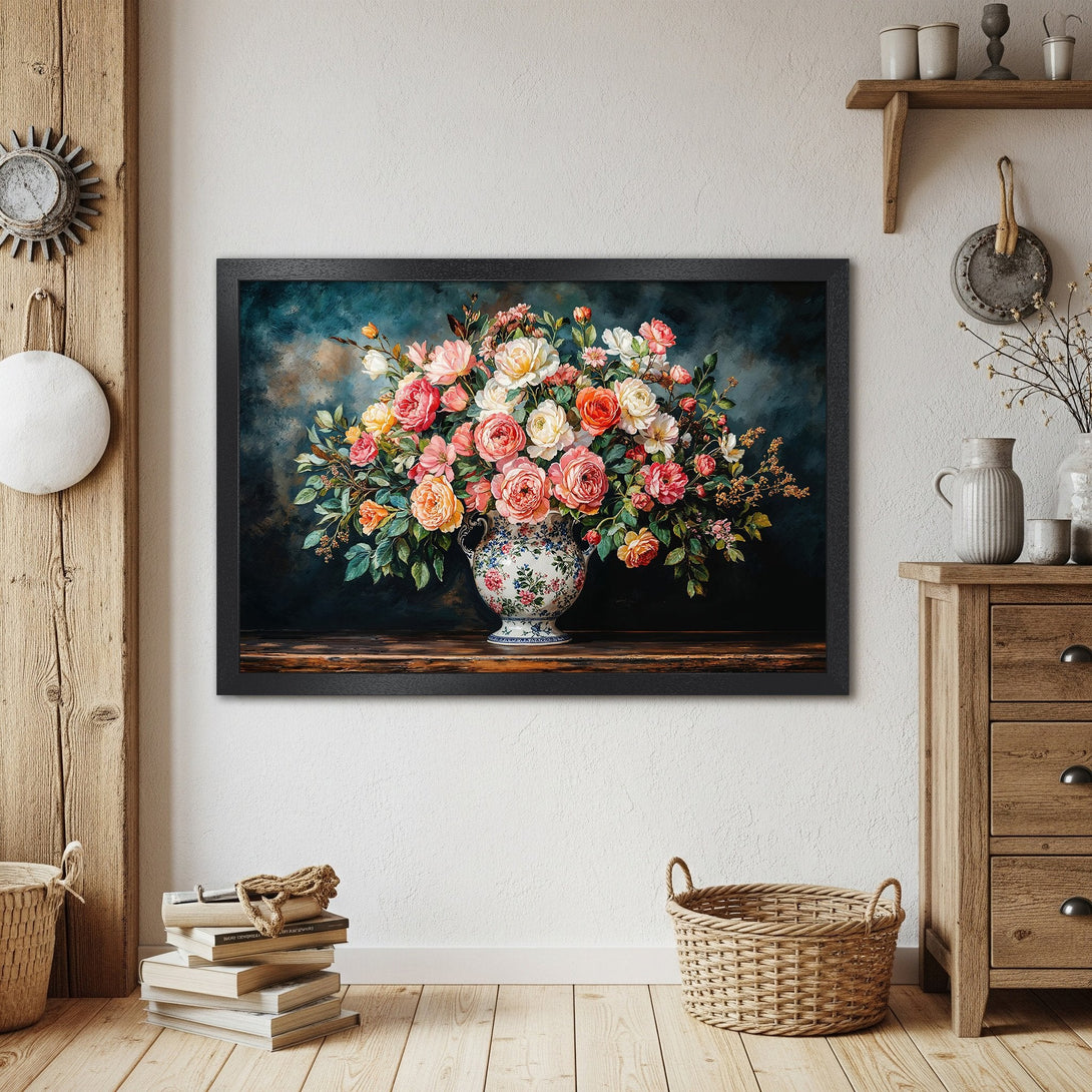 Framed Poster featuring a vibrant floral still life. Romantic style with a warm, colorful palette of pinks, oranges, and greens.
