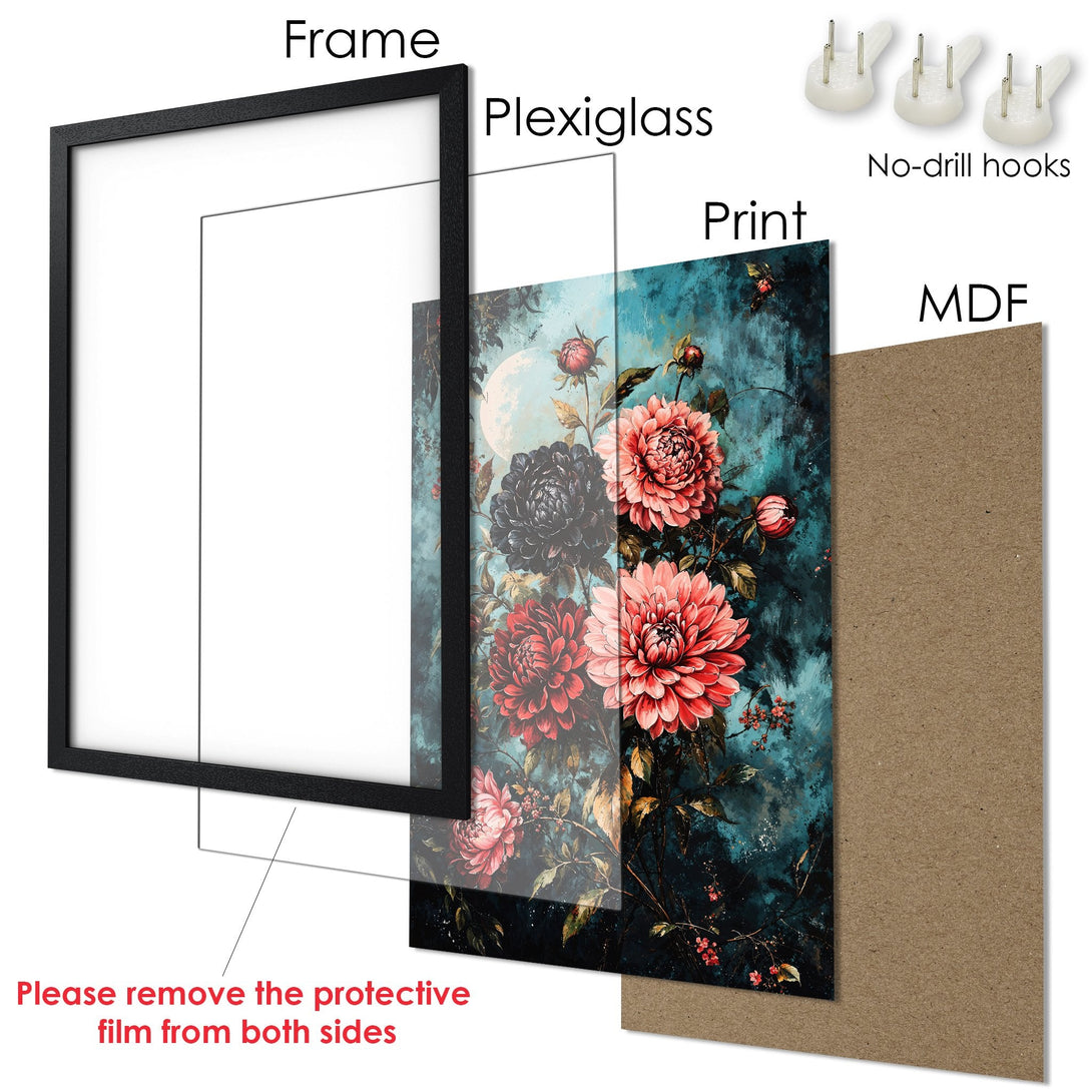 Framed Poster featuring floral art in teal and red hues. Enhance your space with this stunning print!