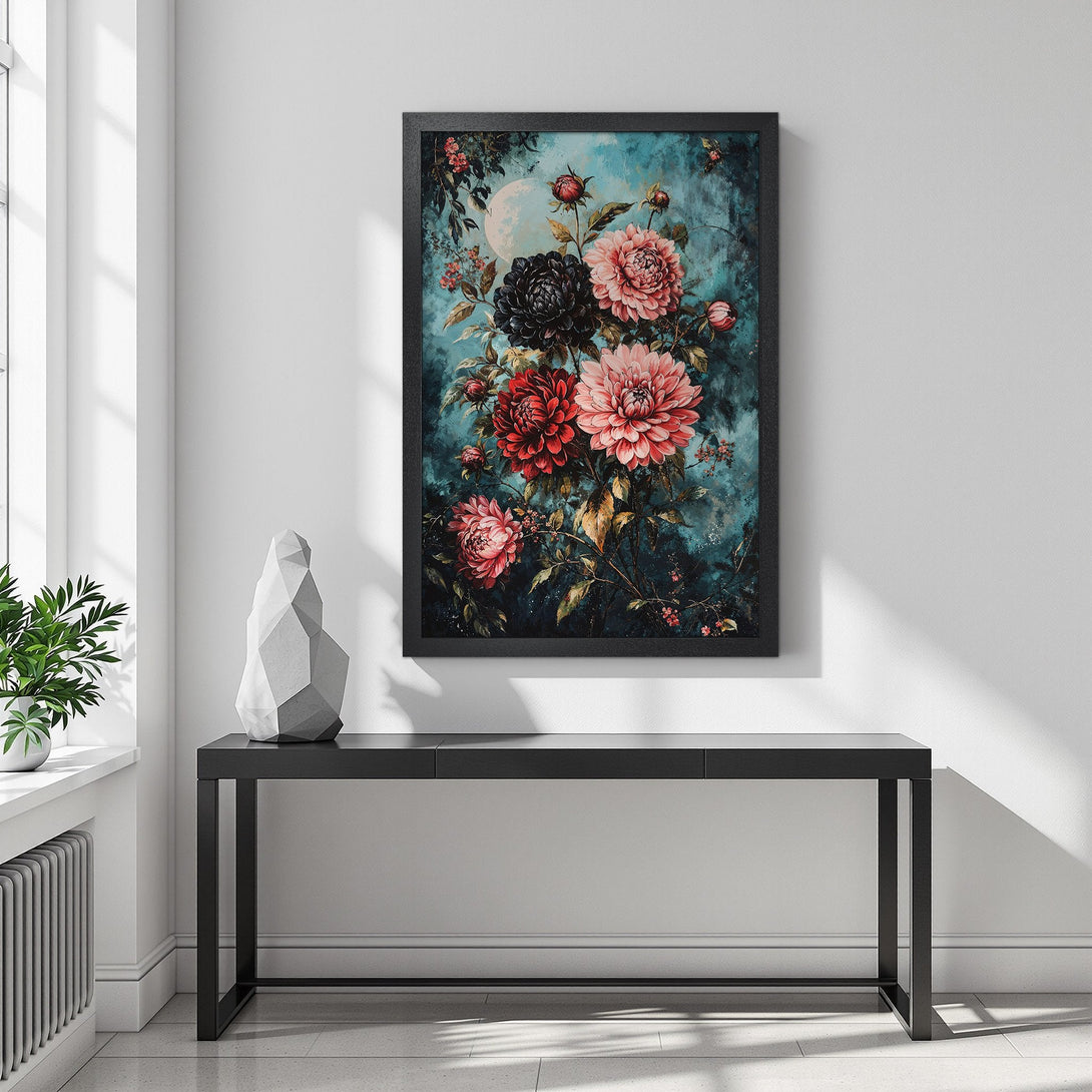 Framed Poster featuring vibrant floral art in a moody, teal and red color palette. Perfect wall decor for a touch of elegance.