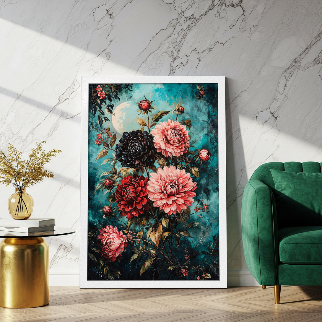 Framed Poster featuring a floral bouquet in a vintage style with a teal and red color palette. Perfect wall art for any room!