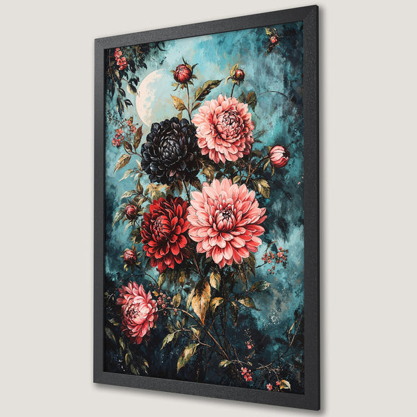 Framed Poster featuring vibrant floral art in a vintage style. Rich teal, red, and black color palette for a stunning wall decor piece.