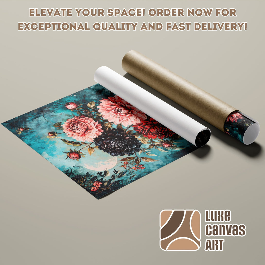 Poster Roll featuring a floral art print in teal, red, and black. Add artistic flair to your space! Order your poster today.