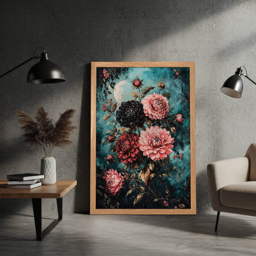 Framed Poster featuring a floral artwork in a vintage style with a teal and pink color palette, perfect for home decor.