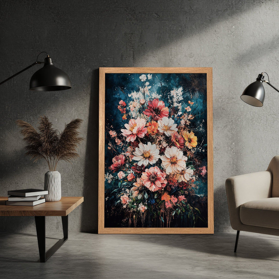 Framed Poster of vibrant floral art in a modern style with a dark blue and pink color palette. Perfect wall decor!