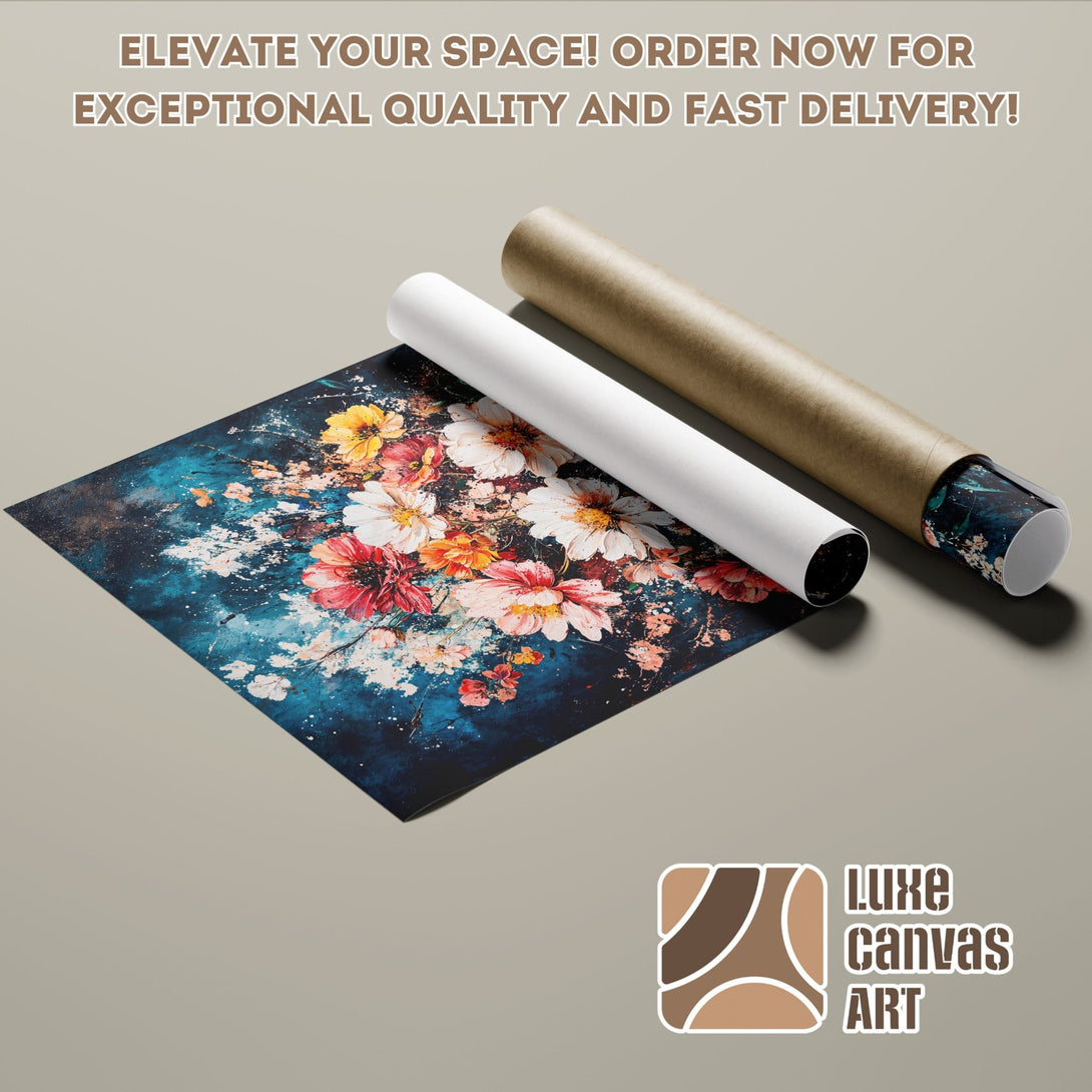 Floral Poster Roll art print, vibrant colors on a dark blue background, perfect for home decor.