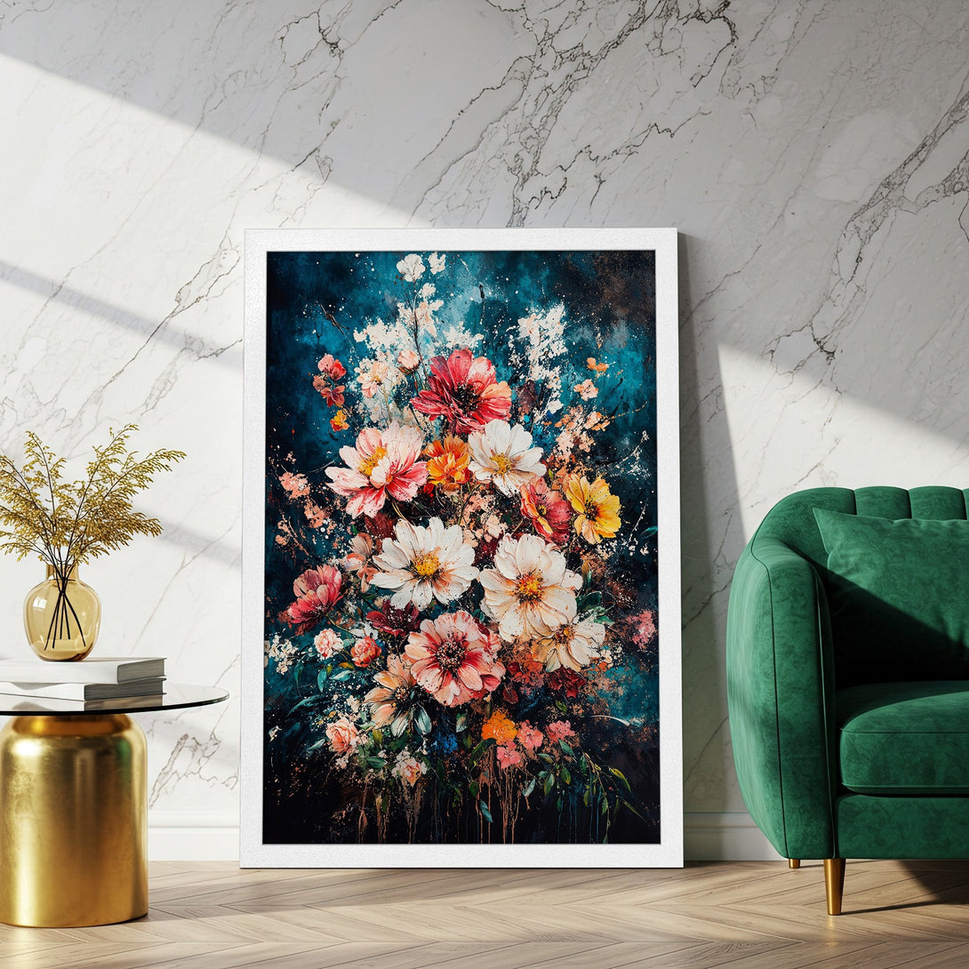Framed Poster featuring vibrant floral artwork in a painterly style with a rich, jewel-toned color palette. Add art to your space!