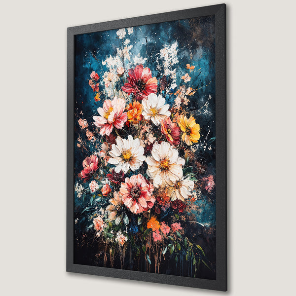 Framed Poster of vibrant floral art in a painterly style with a dark blue and warm color palette. Perfect wall decor!