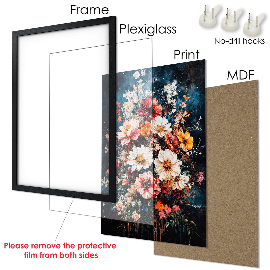 Framed Poster featuring a floral art print. Dark, moody style with a blue, red, and orange color palette. Ready to hang with included hooks.