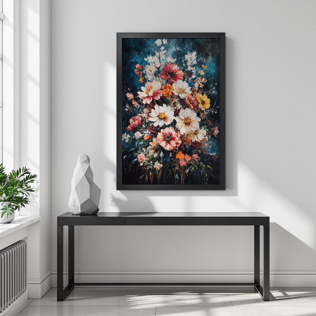 Framed Poster featuring a vibrant floral bouquet art print. The style is painterly with a rich, dark blue and colorful palette. Perfect wall decor!