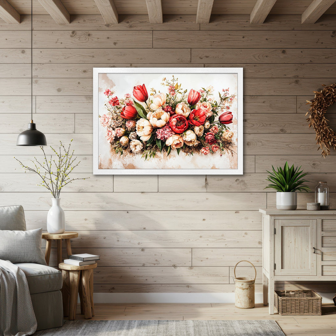 Framed Poster featuring a vibrant floral bouquet in a watercolor style, with a warm red and cream color palette, perfect for home decor.