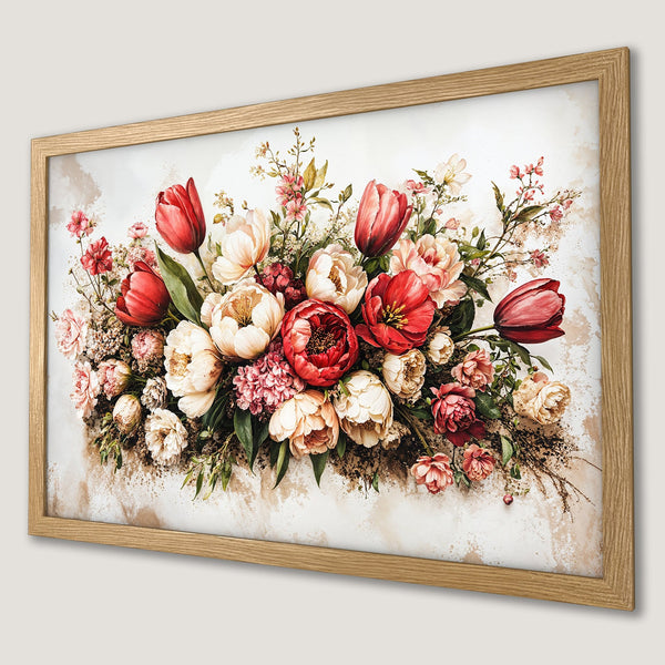 Framed Poster featuring a vibrant floral arrangement in watercolor style with red, pink, and cream tones. Perfect wall art!