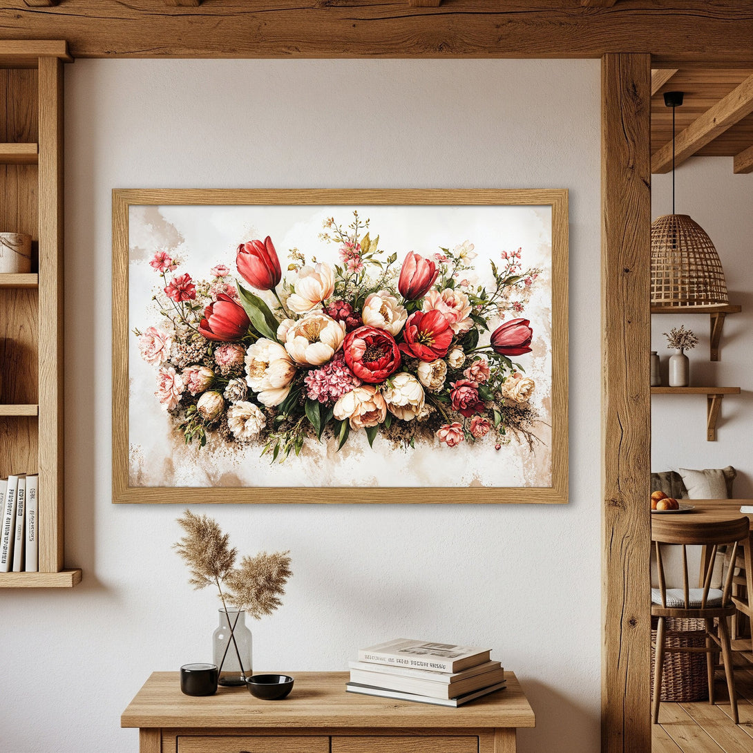 Framed Poster featuring a watercolor floral arrangement in red, pink, and cream tones. Perfect wall art for a touch of elegance.