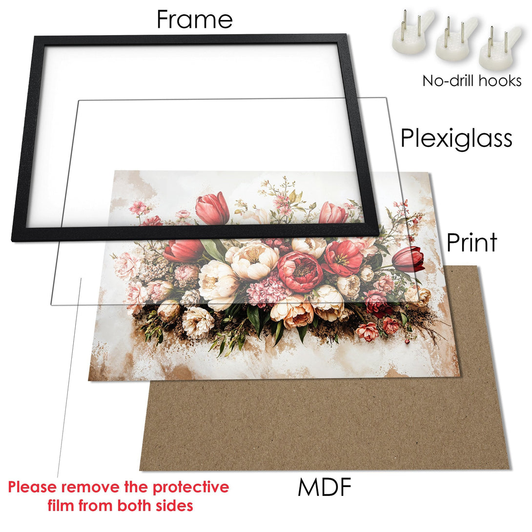 Framed Poster featuring a floral arrangement in a soft, watercolor style with a warm, neutral color palette. Perfect wall art!