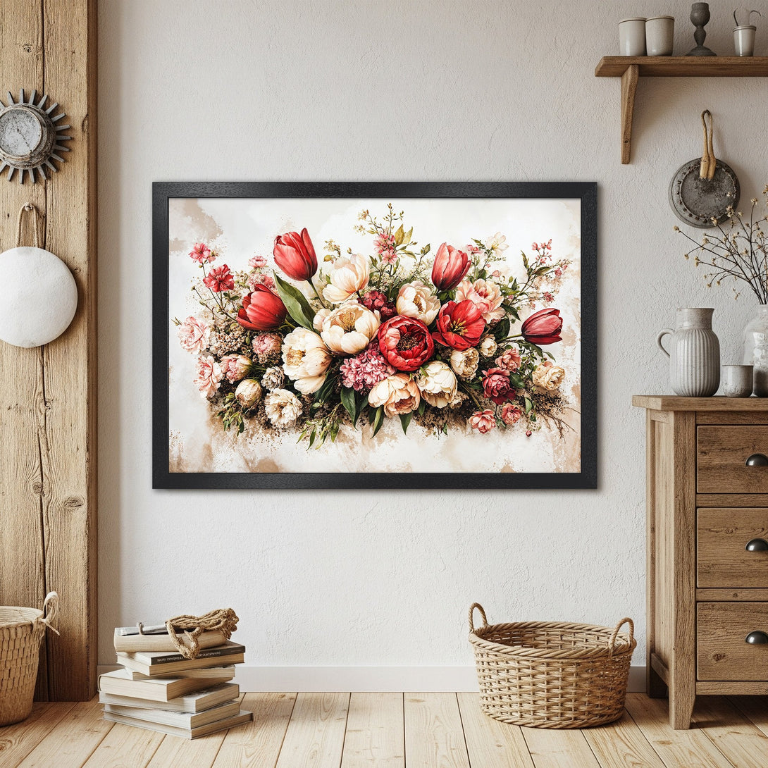 Framed Poster of a vibrant floral arrangement in watercolor style. Features red, pink, and cream flowers on a neutral background. Perfect wall art!