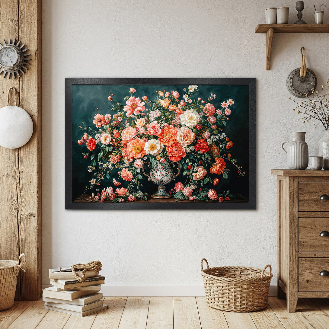 Framed Poster of vibrant floral still life art in a dark, moody style with a warm color palette.