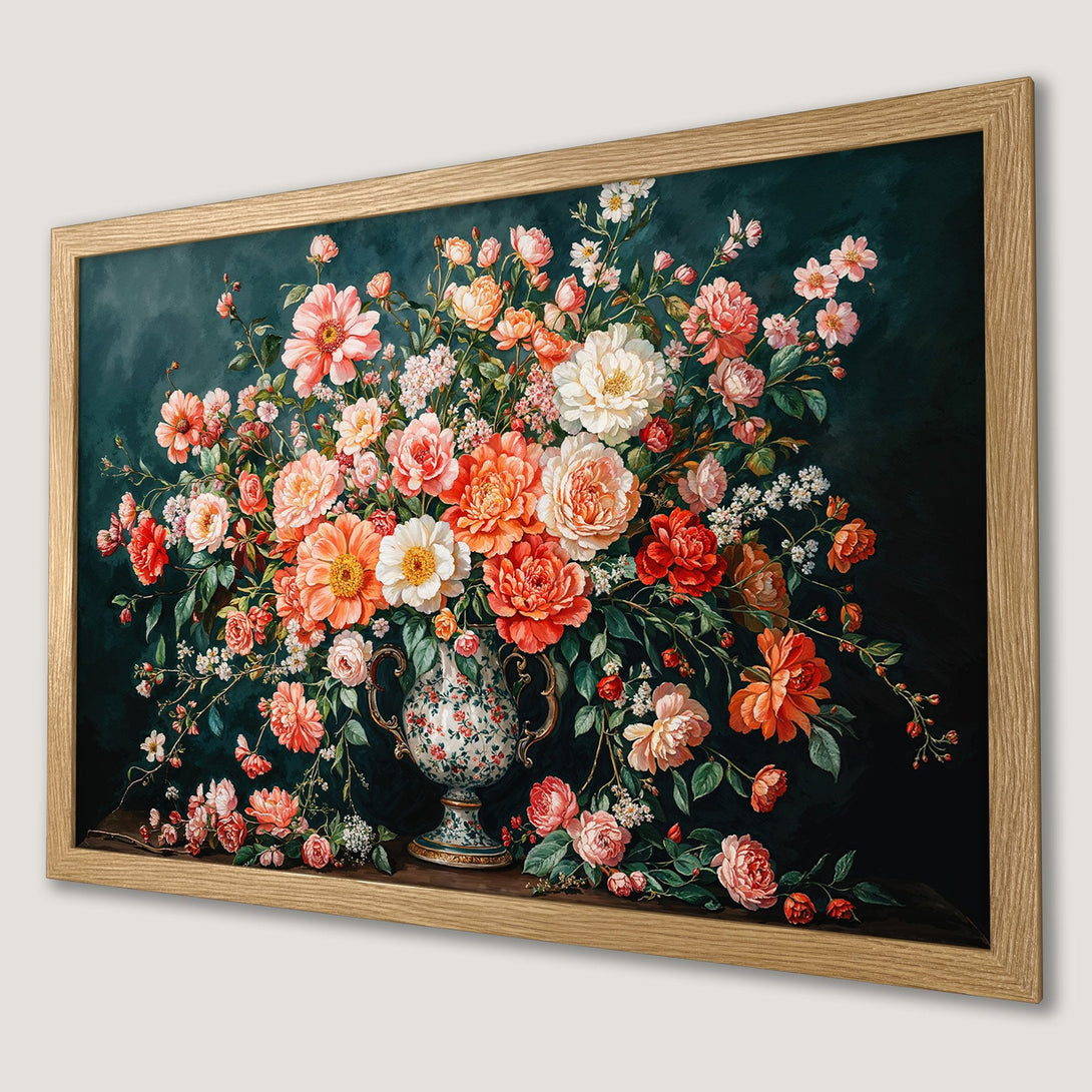 Framed Poster featuring a floral still life with a dark green background and a warm color palette of pinks, oranges, and whites.