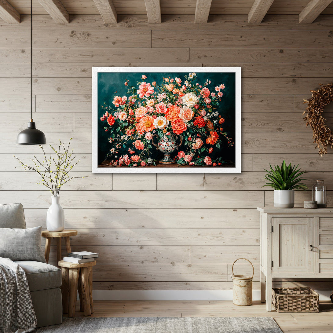 Framed Poster featuring a vibrant floral still life in a classic style. Rich colors of red, orange, and pink against a dark teal background.
