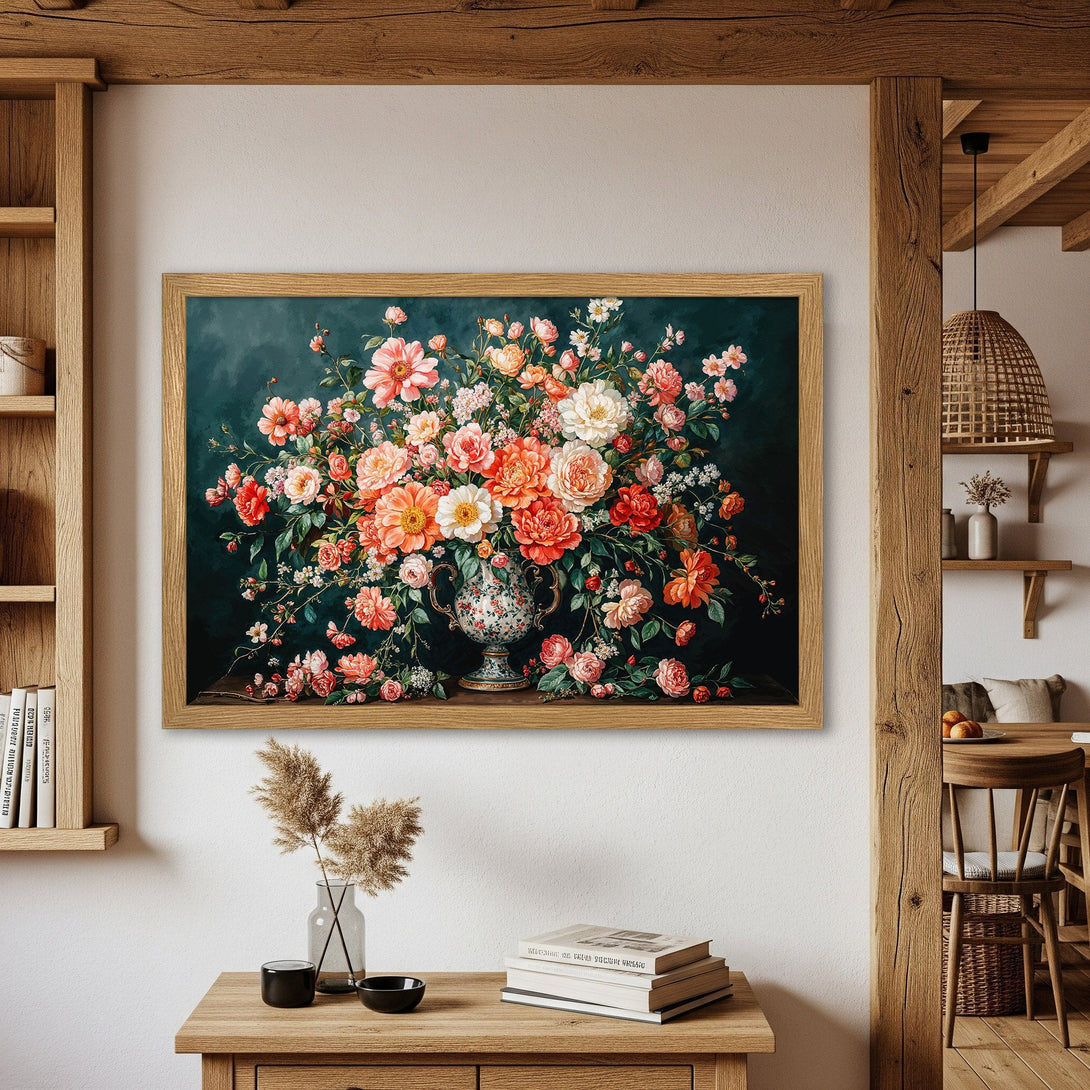 Framed Poster of a vibrant floral still life painting, featuring a rich color palette of reds, oranges, and greens. Perfect wall art!