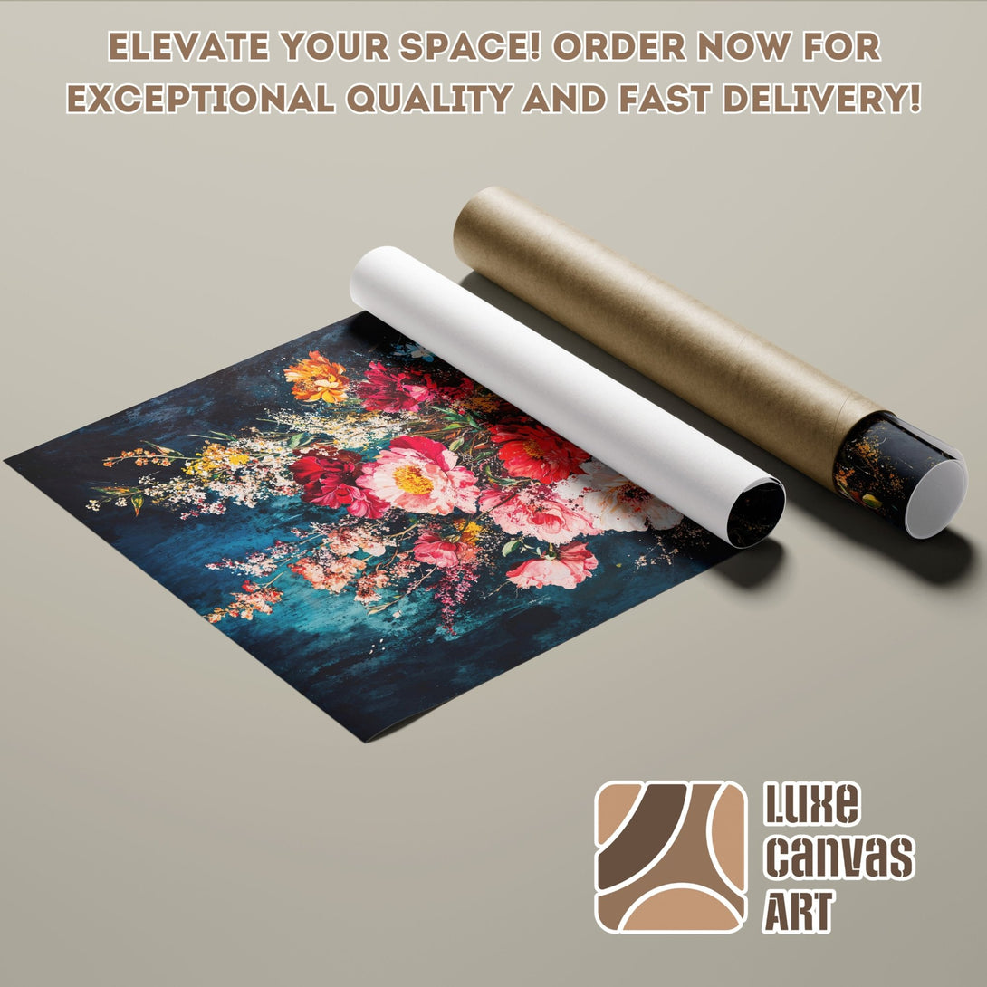 Poster Roll featuring a floral art print. Dark blue background with vibrant pink, yellow, and white flowers. Perfect wall decor!