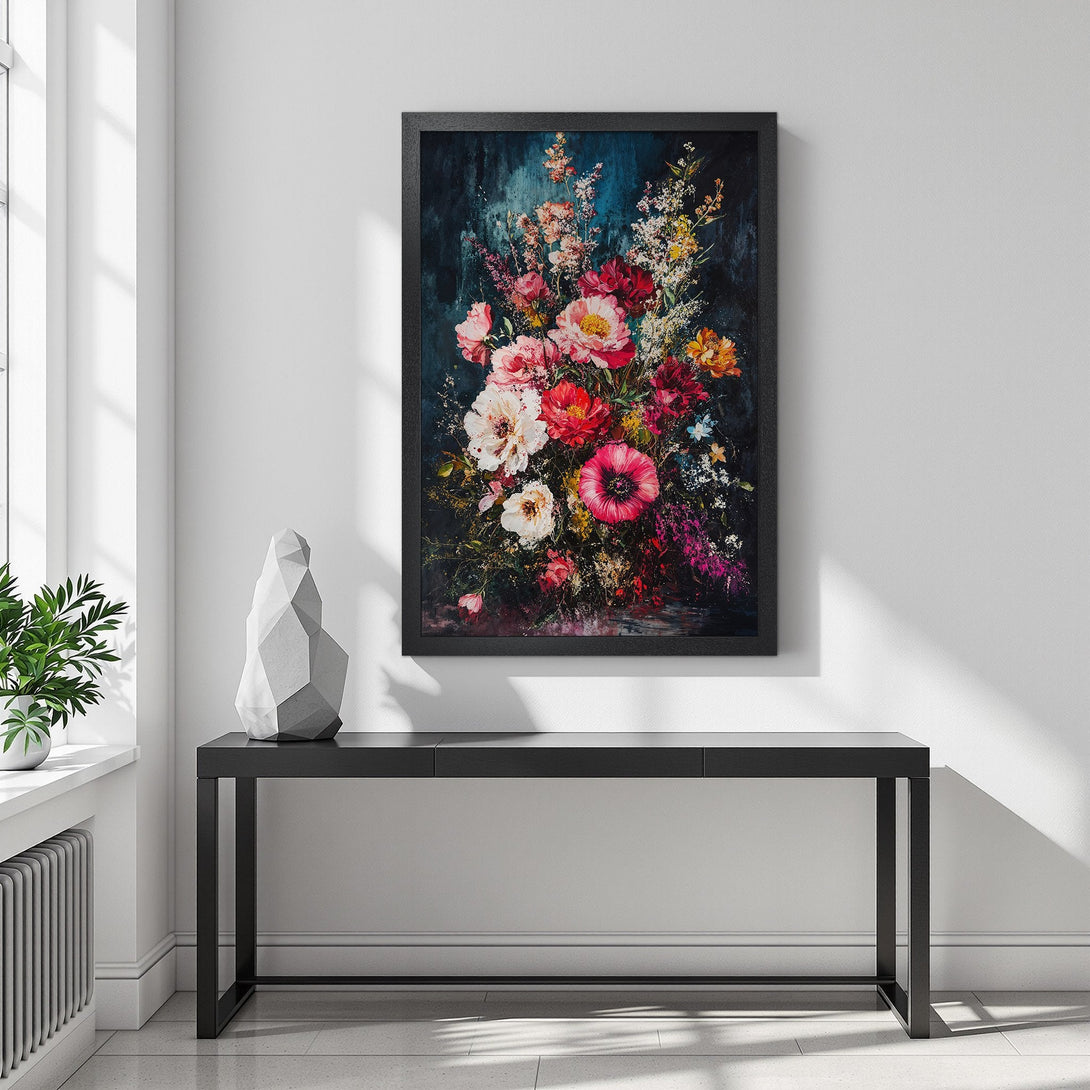 Framed Poster of vibrant floral bouquet art in a dark, moody style with a rich color palette. Perfect for home decor.