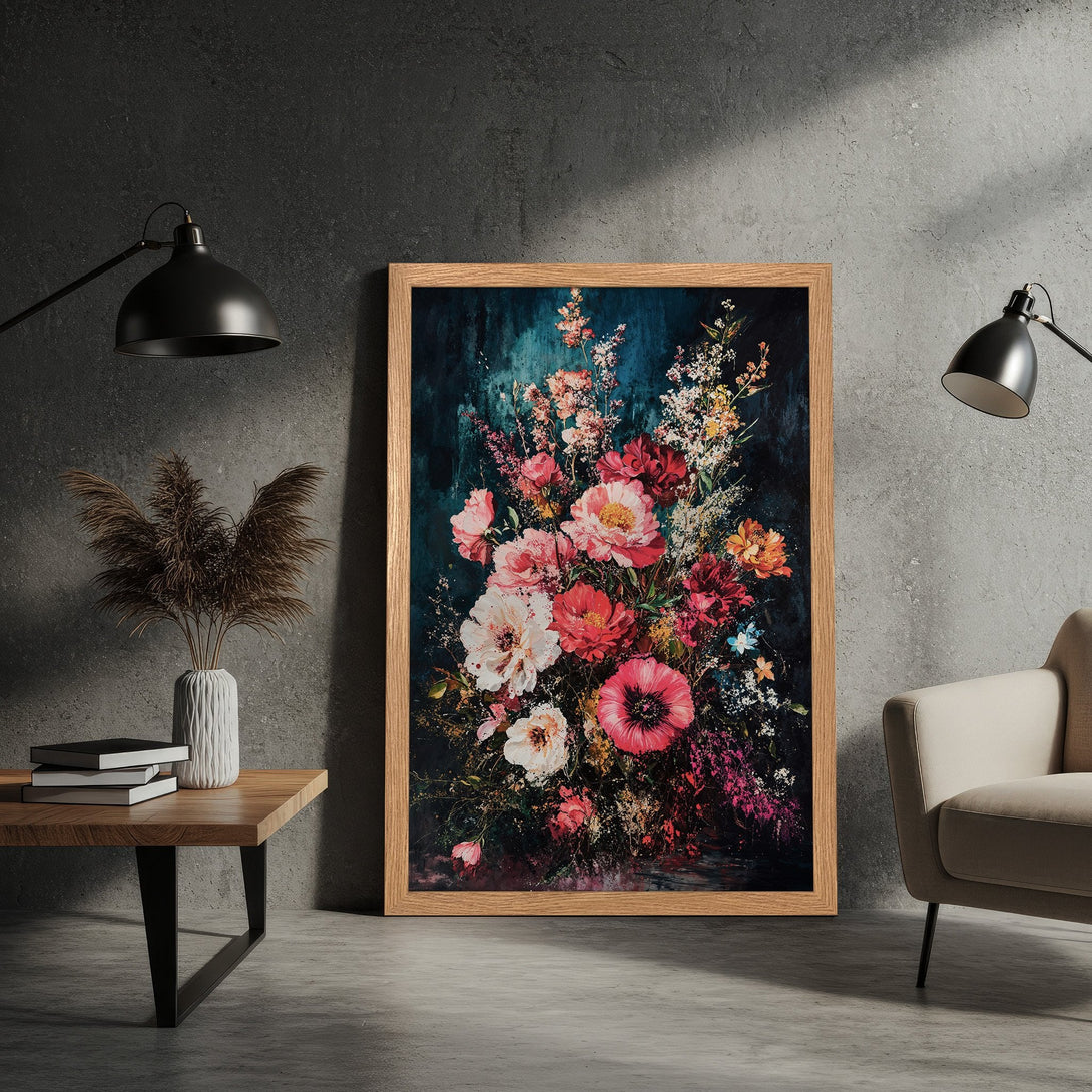Framed Poster featuring a vibrant floral bouquet in a dark, moody style with pink, red, and teal tones. Perfect for adding elegance!
