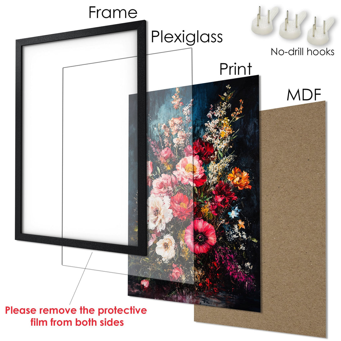 Framed Poster featuring a vibrant floral bouquet with a dark, moody background. Rich colors of red, pink, and white dominate the artwork.