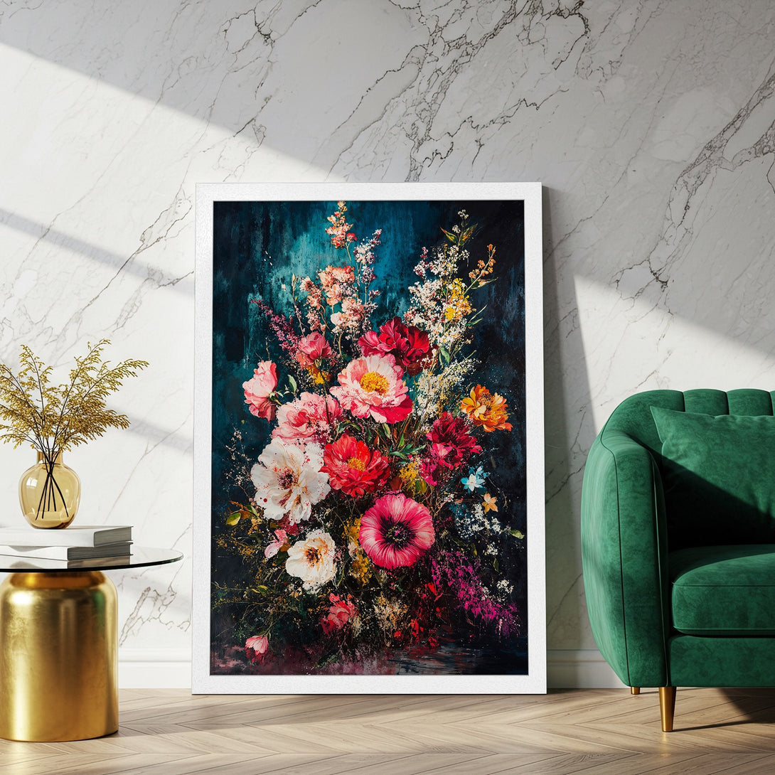 Framed Poster featuring vibrant floral art in a painterly style with a rich, dark color palette. Perfect for adding elegance to any space.