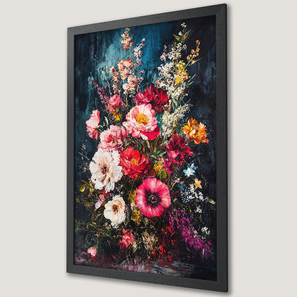 Framed Poster featuring a vibrant floral bouquet in a dark, painterly style with a rich color palette of reds, pinks, and blues.