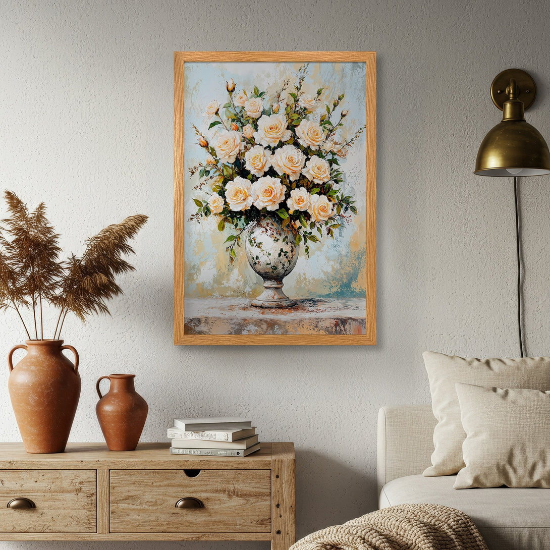 Framed Poster featuring a floral still life with soft yellow roses, painted in a classic style with a warm, neutral color palette.