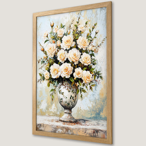 Framed Poster featuring a floral still life with white roses, in a vintage style. Soft pastel color palette.