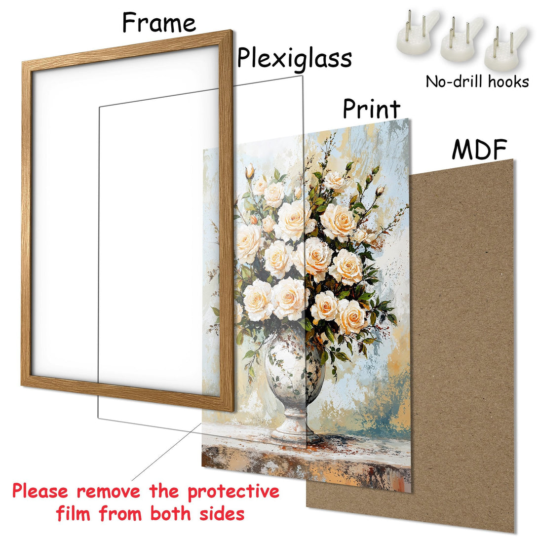 Framed Poster featuring a floral still life in a vintage style with a warm, neutral color palette. Add elegance to your space!